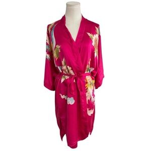 100% Silk Robe & Slip Dress Pink Bird Floral Luxury Shusimai Japan Silky S M Set